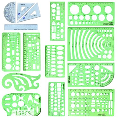 15PCS Geometric Drawings Templates, Measuring Geometry Rulers, Drafting Stencils Measuring Tools