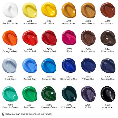 ARTEZA Acrylic Paint Set, 24 Colors, 22 ml / 0.74 oz Tubes, High-Viscosity