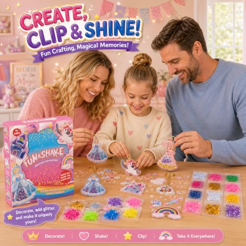 DIY Glitter Craft Kit with Keychains - Mess-Free Arts and Crafts for Kids Ages 4-8, Fun Shake-It Activity, Creative Travel Toys, Party Favors & Birthday Gifts for Girls 4-9 - color: pink