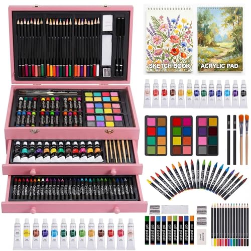 175-Pack Deluxe Wooden Art Set Drawing Painting Kit with 2 Drawing Pads, Acrylic Paints, Colored Pencils, Crayons, Paint Brush, Art Kit in Wooden Case, Gift for Artist, Adults, Teens and Kids - color: Pink
