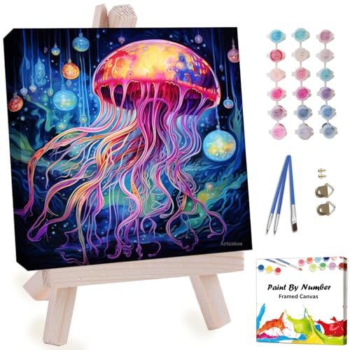 Artunion Framed Paint by Numbers Kit for Adults Beginners & Kids Ages 8-12,Colorful Jellyfish Paint by Number with Frame, Ocean Animals Paint by Numbers Kit on Canvas 10 * 10 Inch Without Easel - color: ZXT-322-F