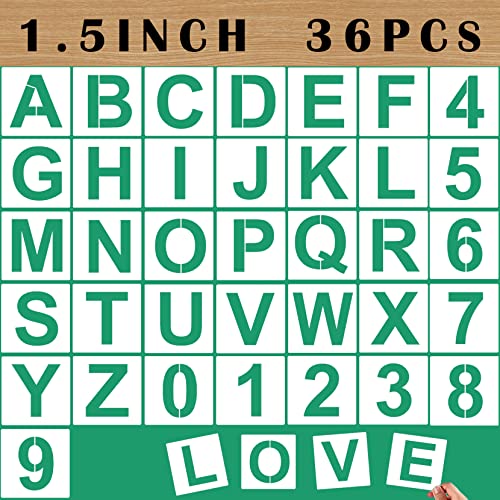 36PCS Letter Stencils 1.5 inch Reusable Plastic, Small Alphabet and Number Stencils for Painting on Wood, Wall, Fabric, Tracing, Rock, Chalkboard, Signage - color: 1.5 inch