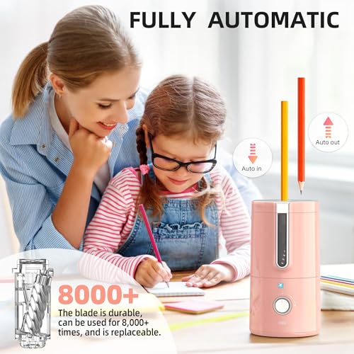 deli Electric Pencil Sharpener, Fully Automatic Pencil Sharpener, Pink | for 6.9-8mm Pencils, 5 Sharpness Modes, Rechargeable Hands-Free Sharpener for Classroom Home Office - color: Pink