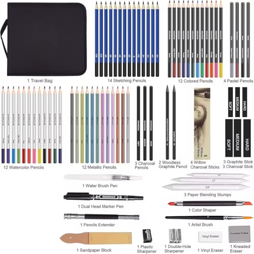 Professional Drawing Art Set, 83 Pieces with Travel Bag, Sketching, Colored Pencils, Charcoal Sticks, Blending Tools