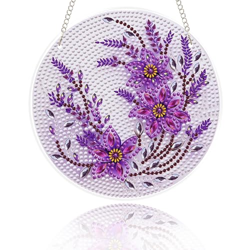 Eiflow Glass Diamond Art Hanging Kit for Adults, DIY Diamonds Painting Door Hanging Board Kit, Special Crystal Diamond Art Painting Pendant Ornament (Purple Flower) - color: Purple Flower