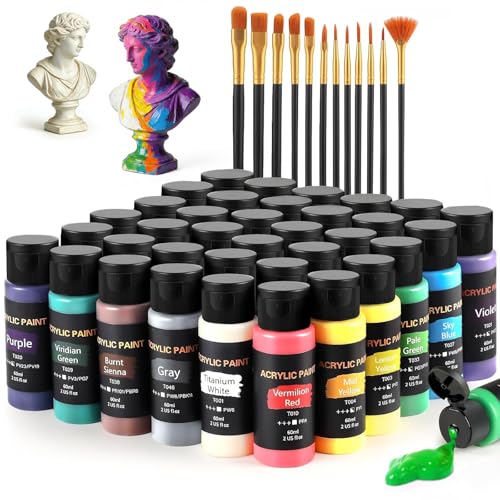 Acrylic Paint Set with 12 Art Brushes, 36 Colors (2 oz/Bottle) Acrylic Paint for Painting Canvas, Wood, Ceramic and Fabric, Paint Set for Beginners, Students and Professional Artist, Rich Pigments - style: 36 Colors Acrylic Paint 2 fl oz/60 ml-2