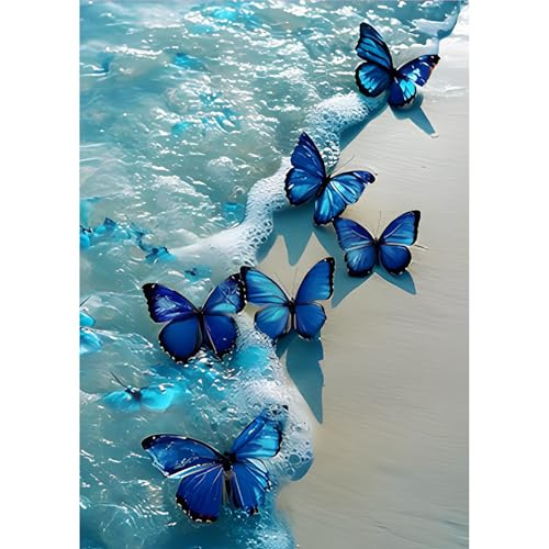 MOGTAA Blue Butterfly Diamond Art Kits for Adults, 5D Seaside Diamond Painting Kits for Adults Beginners, Full Drill Diamond Dots Kits Landscape Gem Painting for Home Decor 12x16 Inch - color: Blue Butterfly