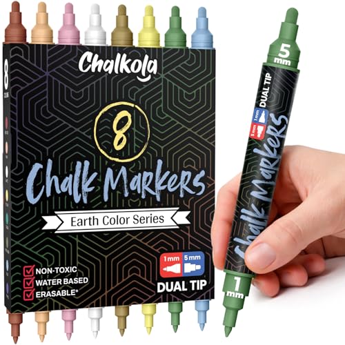 Chalkola 8 Erasable Pastel Dual Tip Chalk Markers for Blackboard Chalkboard | 8 Vintage (1mm+5mm Fine, Bold) - Earthy Dry Erase Marker Pens for Signs, Car Windows, Glass - Liquid Chalkboard Markers - size: Dual Tip - 1mm+5mm