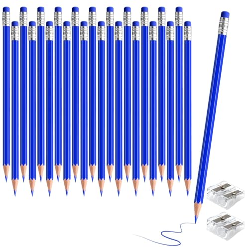 24PCS Erasable Colored Pencils with Eraser Pre Sharpened Pencil 2 HB - Ideal for Checking, Grading, Tests & Office/School Supplies (Blue) - color: blue