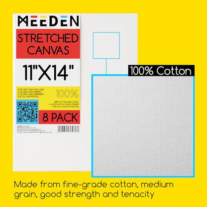 MEEDEN Stretched Canvas, 11 × 14 Inch, Pack of 8, Blank White Canvases for Painting, 100% Cotton, 11 oz Gesso-Primed, Pre-Stretched Canvas for Acrylic Oil Pouring & Airbrushing Painting - size: 11''x14''- 8 Pack