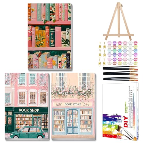 Mandun Book Shop Paint by Numbers Kit for Adults, 3 Pack, 7.8x11.8 inch | DIY Painting Kits Crafts for Adults, Relieve Stress, Frame Canvas, Wooden Easel, Gift Box, Home Wall Decor - color: 3 Pack Bookstore Books
