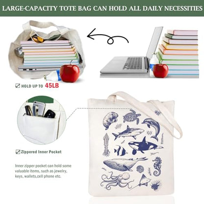 Canvas Aesthetic Tote Bag for Women with Inner Pocket Totes Shoulder Book Bag Shopping Reusable Grocery Bags - color: Sea Life Tote Bag 1