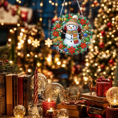 Eiflow Acrylic Christmas Diamond Art Hanging Kit for Adults, DIY Diamonds Painting Door Hanger Ornament Kit Snowman Wreath Crystal Diamond Art Painting Wall Window Hanging Pendant - color: Christmas Wreath