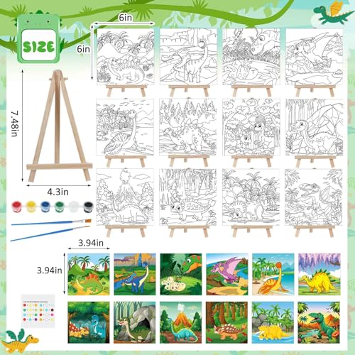 Tenceur 12 Sets Pre Drawn Canvas to Paint Adult Stretched Coloring Painting Canvas Panels with Design Easel and Brushes for Party Supplies Beginner Favor(Dinosaur) - style: Dinosaur