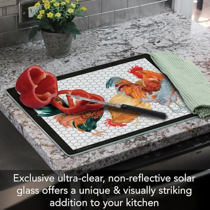 CounterArt Whimsical Roosters 3mm Tempered Glass Cutting Board 12" x 15" | Serving Board, Charcuterie Board - color: Whimsical Roosters