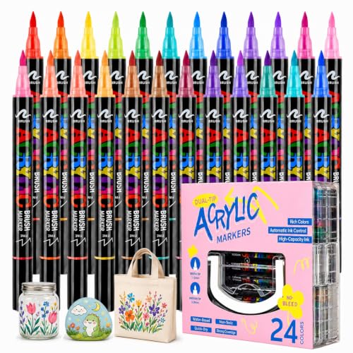 24 Colors Dual Tip Acrylic Paint Pens Set with Soft Brush Tip | Quick-Drying Acrylic Paint Markers for Rock Painting, Wood, Glass, Ceramic, Fabric, Water-Based Acrylic Pens for Adult - color: 24 Colors