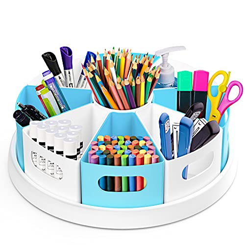 MeCids 360°Rotating Desk Organizers Homeschool Office Organization and Storage Art Supplies Organizers– 12" Lazy Susan Style Caddy with Removable Bins, for Home Offices, School Supplies Classroom Use - color: White,blue