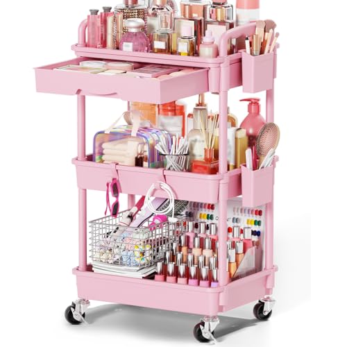 Goovilla Rolling Makeup Organizer Cart with Removable Drawer, 3 Tier Pink | Stable Floor Skincare Storage Cart for Vanity, Cosmetic Display, Nail Polish, Perfume, Hair Stuff, Beauty, Bathroom(Plastic) - color: Pink, size: 3 Tier
