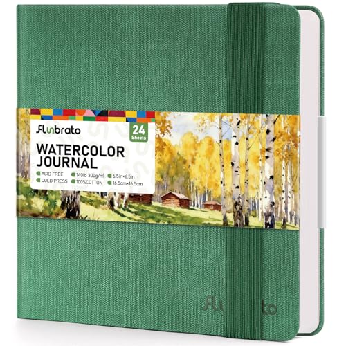 Watercolor Sketchbook 6.5" x 6.5" - 100% Cotton, 24 Sheets, Cold Press 140 lb / 300 GSM Watercolor Journal with Wide Elastic Band - Ideal for Plein Air Painting, Ink & Mixed Media - color: Green