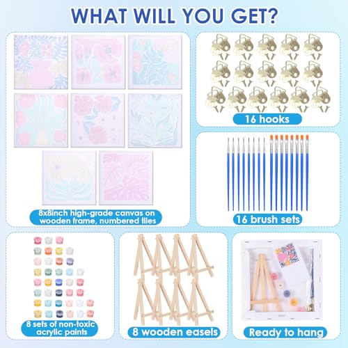 RoundFunny 8 Set Paint by Numbers Drawing Kit for Adults,Simple Blossom | 8x8 in. Mini Simple Painting Canvas Wooden Frame Easel Acrylic Paint Brush Funny Number Drawing Kit for Gift Wall Home Decor - style: Simple Blossom