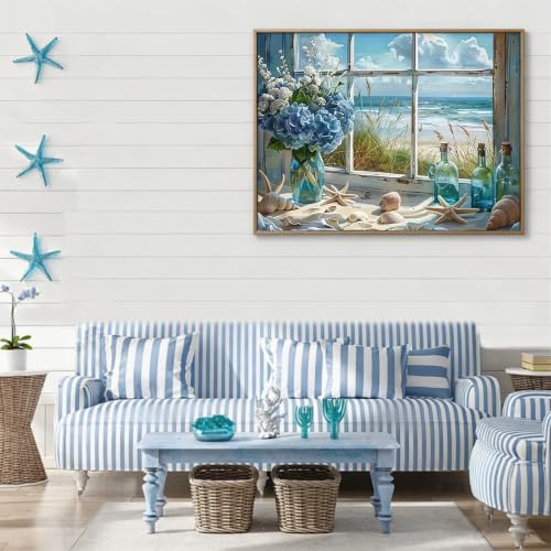 CHWGLFGG 5D Beach Window Diamond Art Kits for Adults Beginners 12x16in | Blue Hydrangea Flower Diamond Painting Kit DIY Full Round Drill Paint by Diamonds Dot Gem Art for Adult, Home Wall Decor - color: KM1157-1