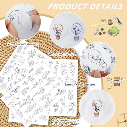 Water Soluble Stabilizer Embroidery Pattern - Leaf Stick & Stitch Embroidery Paper Wash Away, Flower Hand Sewing Patterns for T-Shirt Bag Towel (4 Sheets) - style: Leaf140