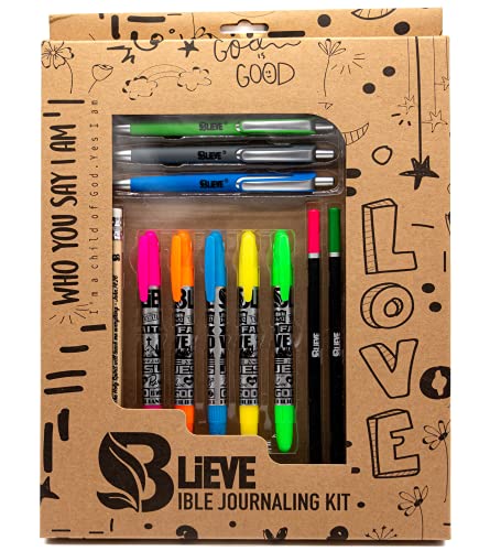 BLIEVE - Bible Journaling Kit With Gel Highlighters And Pens No Bleed, Scripture Markers and Pencils Supplies, Stencils Planner Set For Coloring Journal Art Illustrated By Faith Christian Gifts 24pcs - color: Brown 24pcs