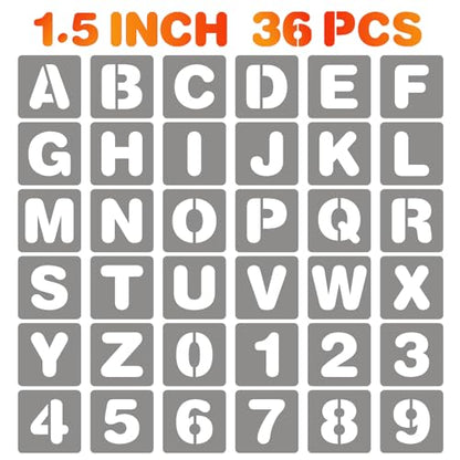 BAMIDELE 1.5 Inch Letter and Number Stencils, 36 Pcs Reusable Plastic Alphabet Spray Paint Stencils for Painting on Wood, Wall, Fabric, Rock, Chalkboard, Door Porch, Signage, DIY Craft Decoration - size: 1.5 Inch