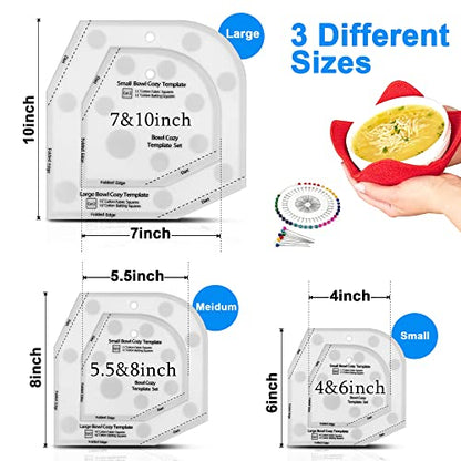 Bowl Cozy Template 3 Sizes, Bowl Cozy Pattern Template Cutting Ruler Set,Sewing Pattern and 40 Cool Pins, User Manual Included