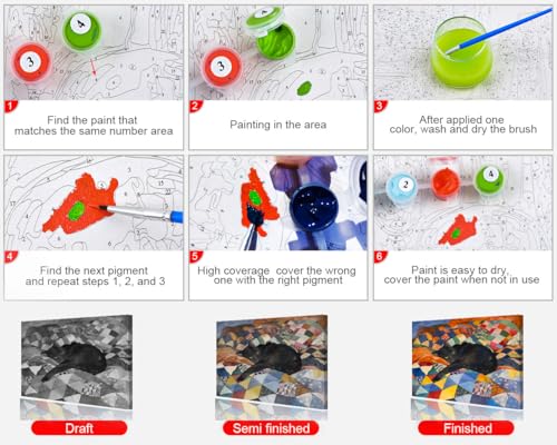 TUMOVO Paint by Numbers Kit for Adults Beginner, Adult Paint by Number Kits - Black Cat Laying on Colorful Quilt, Cozy Feline Art Painting by Numbers, DIY Pet Portrait Canvas - 16x20 Inch(Framed) - color: Cat(Framed)