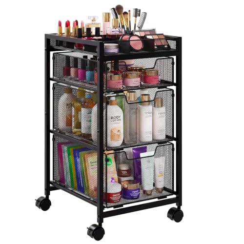 JKsmart Rolling Makeup Cart Organizer with 3 Drawers, Cosmetics Display with Dividers, Floor Skincare Storage with Wheels, Versatile Vanity Organizer for Nail Polish Perfume Brush Hair Tool, Black - color: Black, size: 4 Tier with 3 Drawers