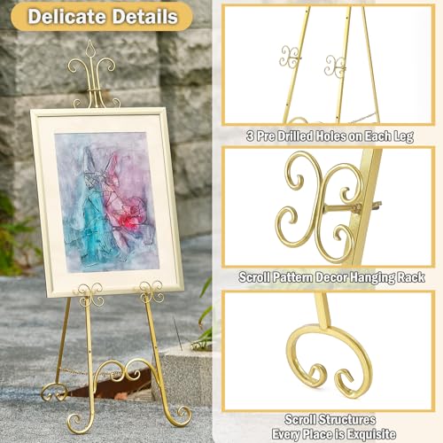 20"L x 26.75"W x 56.5"H Large Easel Stand for Display, Adjustable Heigh Metal Gold Easel Stand with Chain Support, Heavy Duty Easel for Mirror, Sign, Wedding, Picture Frame. (No Installation Required)
