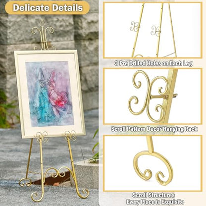 20"L x 26.75"W x 56.5"H Large Easel Stand for Display, Adjustable Heigh Metal Gold Easel Stand with Chain Support, Heavy Duty Easel for Mirror, Sign, Wedding, Picture Frame. (No Installation Required)