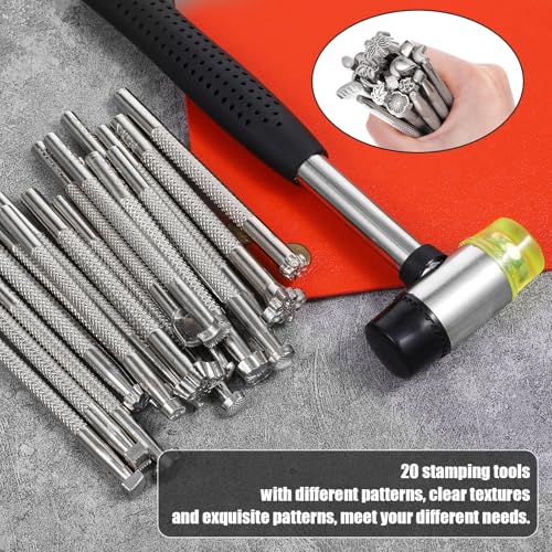 21 PCS Leather Stamping Tools, Leather Stamping Kit with Rubber Hammer, 20 Different Special Shape Stamp Set Carving Tools Stamps for Working