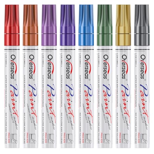 Overseas Metallic Oil Based Paint Markers, 8 Colors Permanent Paint Pens | Medium Tip, Quick Dry, Waterproof, Fade Resistant, Assorted Colors Marker Pen for Glass, Metal, Plastic, Rock, Wood