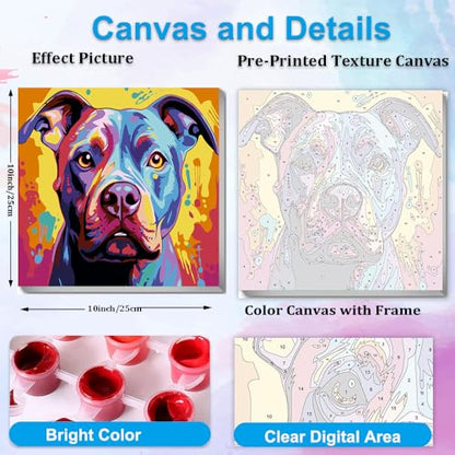 Artunion Framed Paint by Numbers Kit for Adults Beginners & Kids Ages 8-12,Colorful Pitbull Dog Paint by Number with Frame,Dog Animal Paint by Numbers Kit on Canvas 10 * 10 Inch Without Easel - color: ZXT-236-F