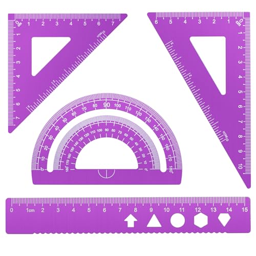 MSDADA Triangle Ruler, Protractor, Square and Ruler Set, 4 Pieces Aluminum Alloy Ruler, Metal Drafting Ruler Kit, Geometric Protractor for Student, School, Home, Office (Purple, 15cm/5.9inch) - color: Purple, size: 15cm