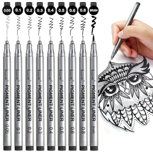 Precision Black Micro-Pen Fineliner Ink Pens,Waterproof Archival Ink | 9 size Waterproof Pigment Black Ink Drawing Pen for Art Watercolor Sketching Manga Design for Artist Beginners