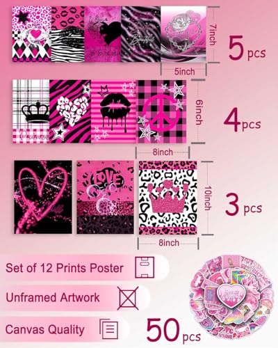 KBKBART 12 Pcs Mcbling Trashy Y2k Posters Room Decor and 50 Pcs Y2k Sticker | Unframed, Early 2000s Room Decor, Hot Pink Wall Collage Kit Aesthetic, Emo Baddie Prints for Girl's Dorm Bedroom Apartment - color: Y2k