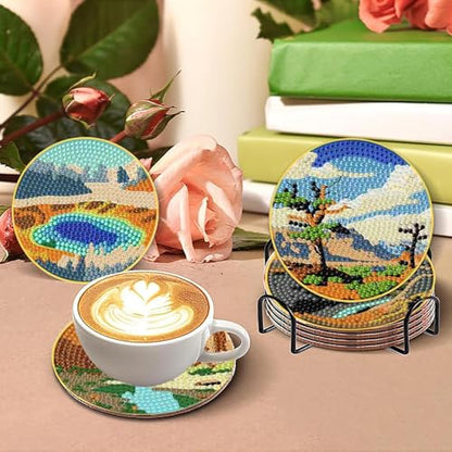 Clendo 8 Pcs National Park Diamond Art Coasters Kit with Holder,Small Landscape Diamond Art Kits for Adults Beginners, Diamond Painting Coasters Arts and Crafts Kits - color: Jxbd107-us