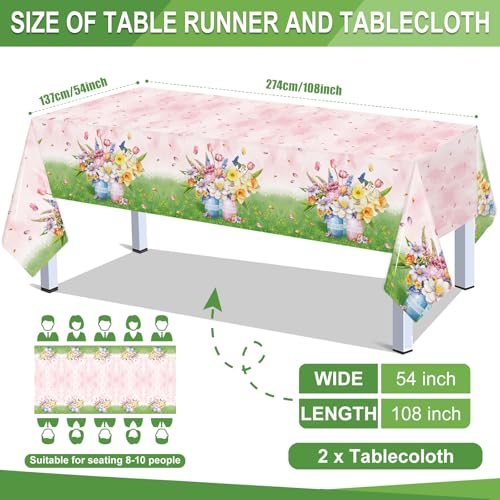 Floral Tablecloth, Pink and Green Garden Design, 2 Pack, Disposable Party Table Covers
