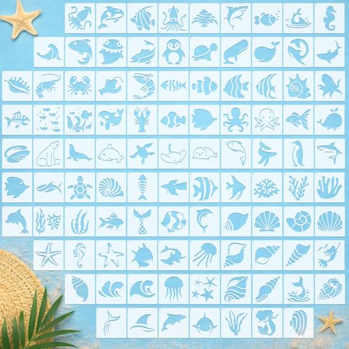 Fainne 100 Pcs 1.5 Inch Marine Life Theme Small Stencils for Crafts | Reusable Painting Stencils for Wood Wall Card Making Scrapbooking Journaling, Portable Craft Templates - style: Marine Life