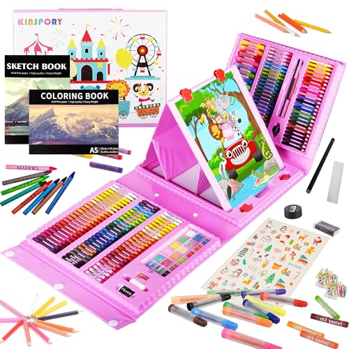 KINSPORY Art Set for Kids, 290 Pack Double-Side Easel Drawing Kits (Pink) | Creative Gift, art & crafts supplies, Coloring, oil pastel, crayon, colored pencil, watercolour pen, Beginner Artist Girl Boy - color: Pink