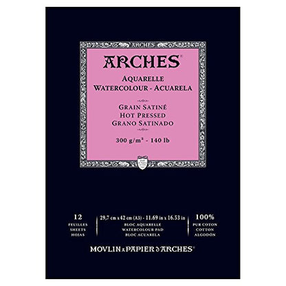 Arches Watercolor Paper Pad, 140 pound, Hot Press, 11.69"x16.53" - size: 11.69"x16.53", style: Hot Press
