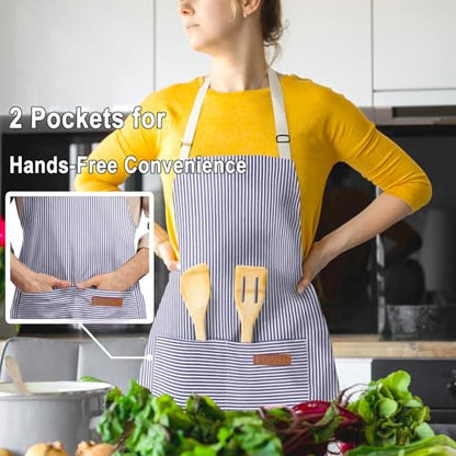 BeLuyi Adjustable Bib Apron with 2 Pockets Chef Cooking Kitchen Restaurant Aprons for Women Men - color: Blue Pinstripes
