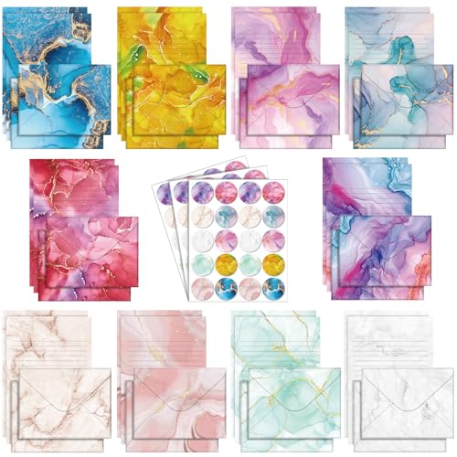 TaoBary 160 Pcs Marble Stationery Paper and Envelopes Set 50 Double Sided Lined Stationery Paper with 50 Matching Envelopes and 60 Round Dot Sticker 5.5 x 8.25'' Letter Writing Kit, 10design - size: 5.5 x 8.25 Inch, style: Marble