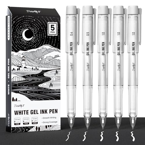 JusArt White Gel Pens for Art with Assorted Tips, 5 Pack | 0.4mm, 0.5mm & 1.0mm White Ink Pens for Black Paper, Drawing, Journaling & DIY Crafts, Ideal for Artists & Art Supplies - color: White, size: 1 Count (Pack of 5)