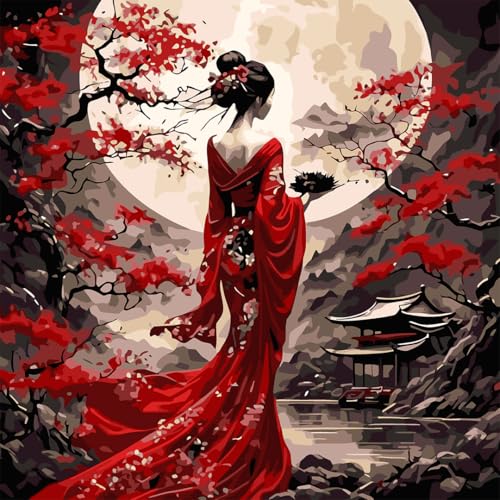 OJTOYART Paint by Number Kits for Adults, Oriental Lady & Moon Paint by Number Kits on Canvas, DIY Acrylic Watercolor Oil Colorful Painting by Number for Adults Home Decor 16 x 16 Inch - color: MT6431