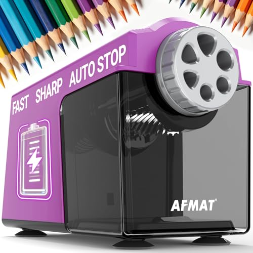AFMAT Electric Pencil Sharpener for Classroom, 6 Holes, Cordless & Rechargeable, Super Fast, Auto Stop, 10K+ Uses, Heavy Duty Pencil Sharpener for 6-11mm No.2/Large/Colored Pencils PSD4(Purple) - color: Purple