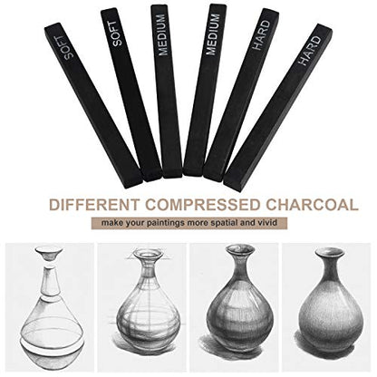 MyLifeUNIT 6 Pack Compressed Charcoal Sticks (2 Soft, 2 Medium and 2 Hard), 48 PCS Willow Charcoal Pencils for Artists Drawing